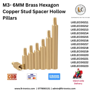 M3 brass hexagon spacer pillar, 6mm wide, showing male and female threads